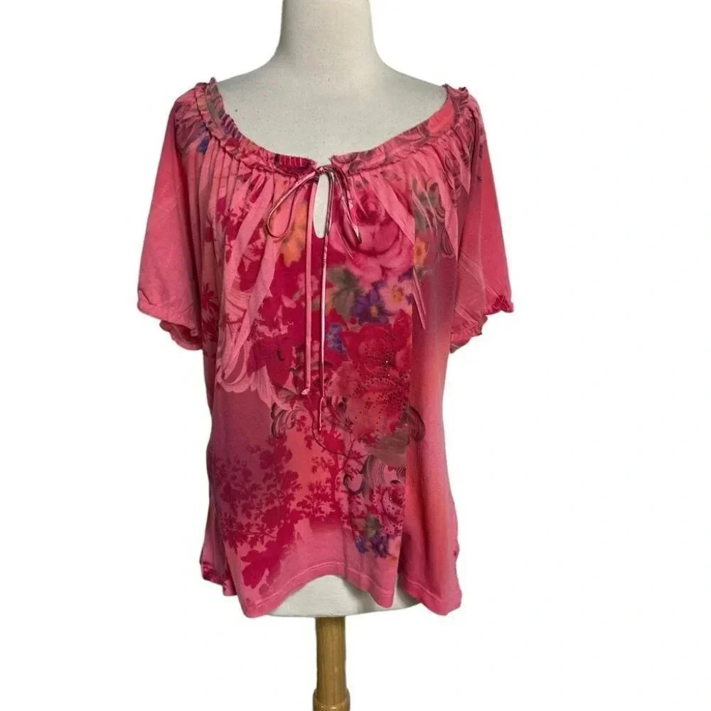 Lane Bryant Peasant Blouse 18/20 Pink Floral Scoop Neck Keyhole Tie Short Sleeve